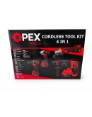 Комплект акумулаторни инструменти OPEX 21V 4в1 гаечен ключ, бормашина, отвертка, ъглошлайф и перфоратор